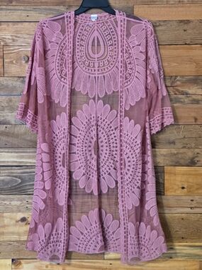 Pink Sheer Embroidered Lace Kimono Cardigan Open Front Boho Festival Cover Up